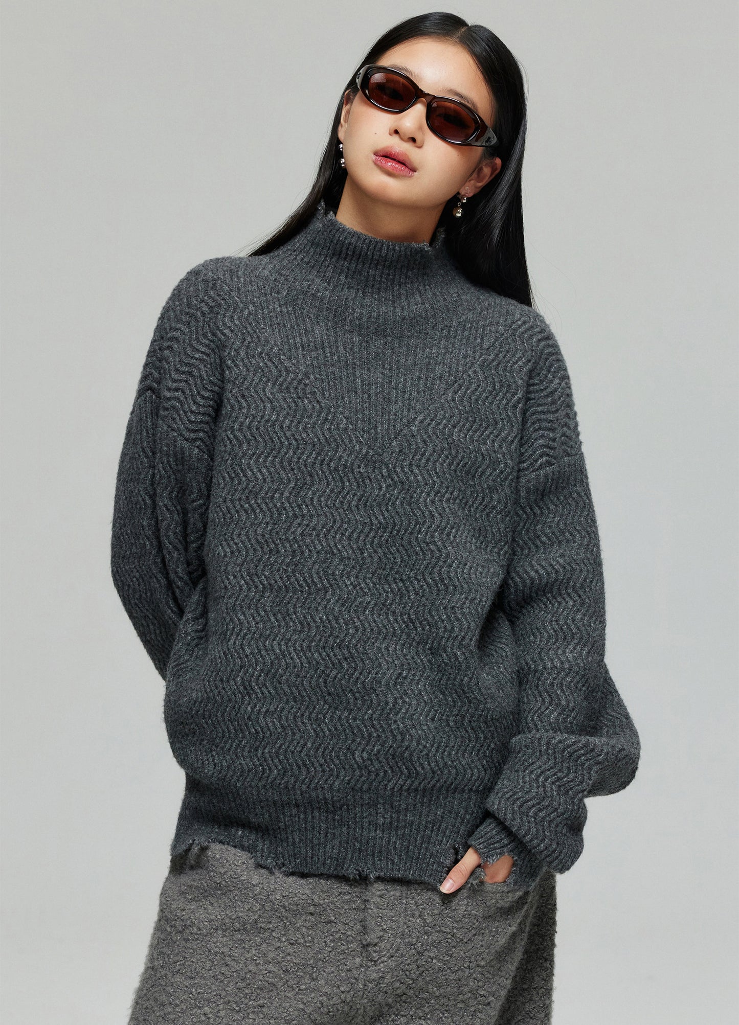 Mock Neck Distressed Wool Sweater