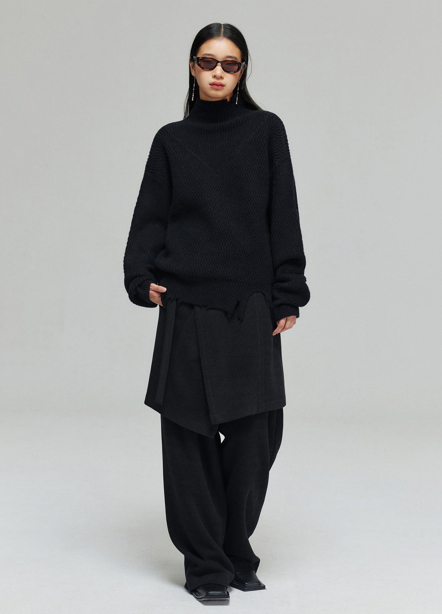 Mock Neck Distressed Wool Sweater