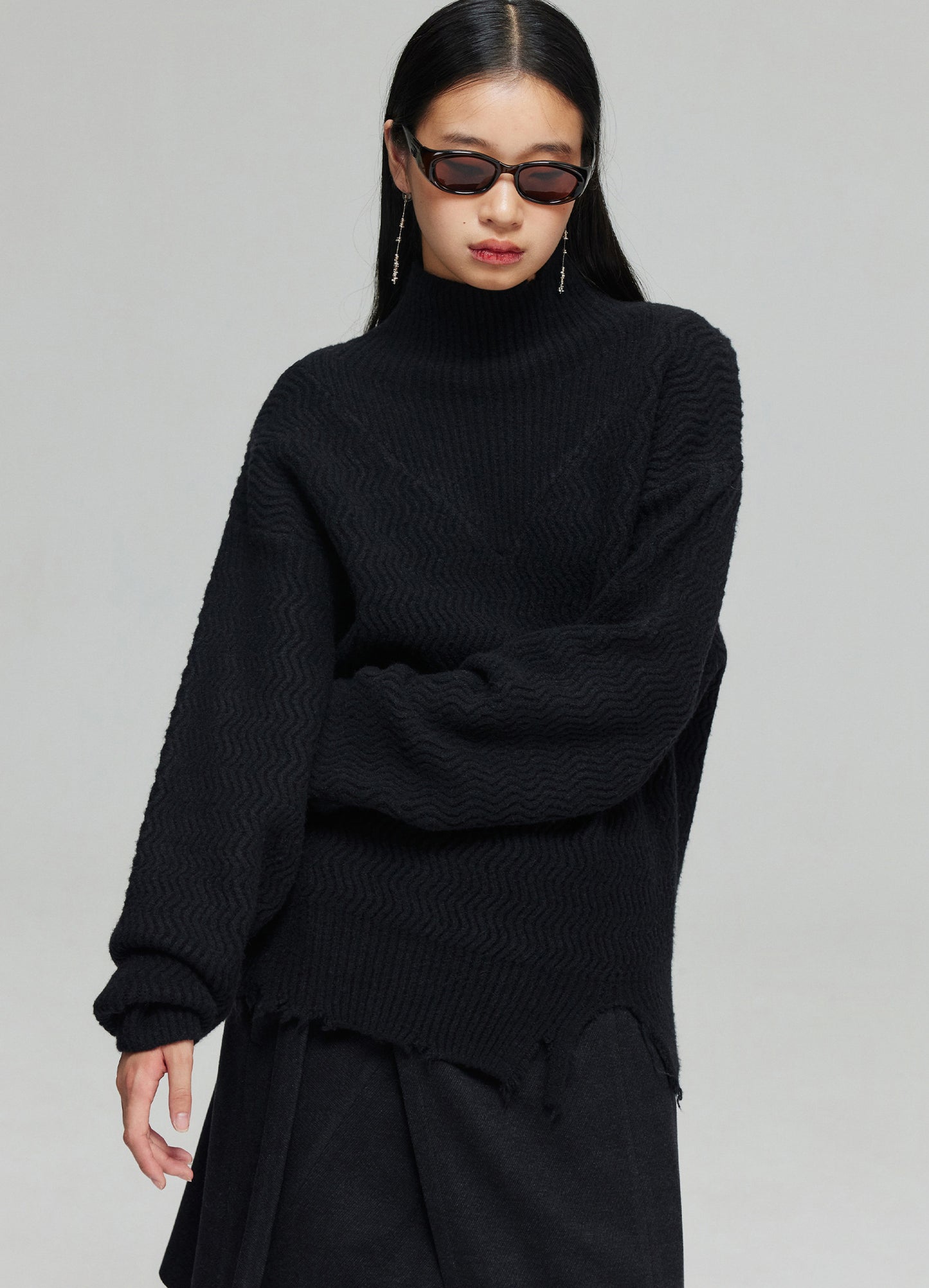 Mock Neck Distressed Wool Sweater