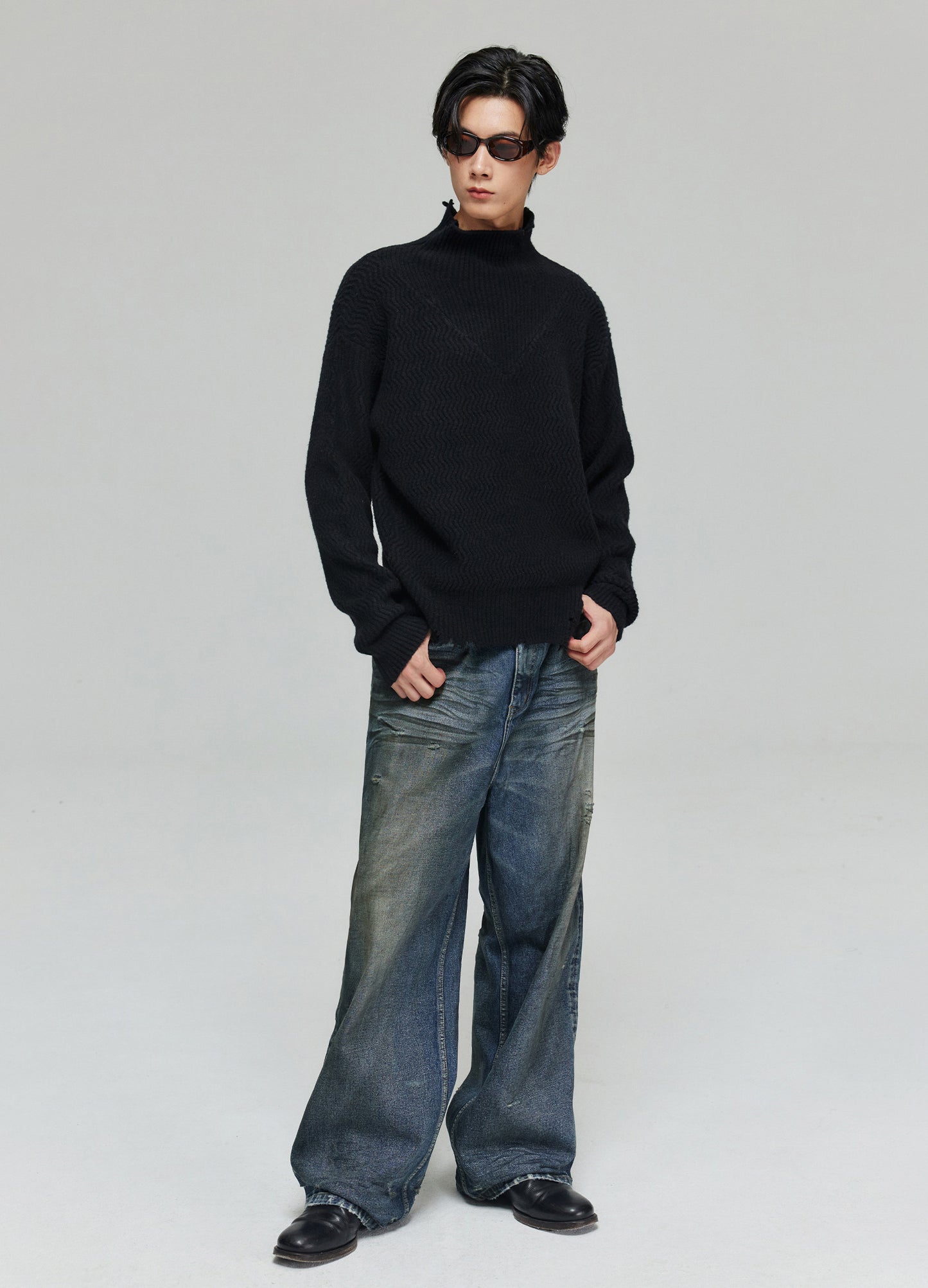 Mock Neck Distressed Wool Sweater
