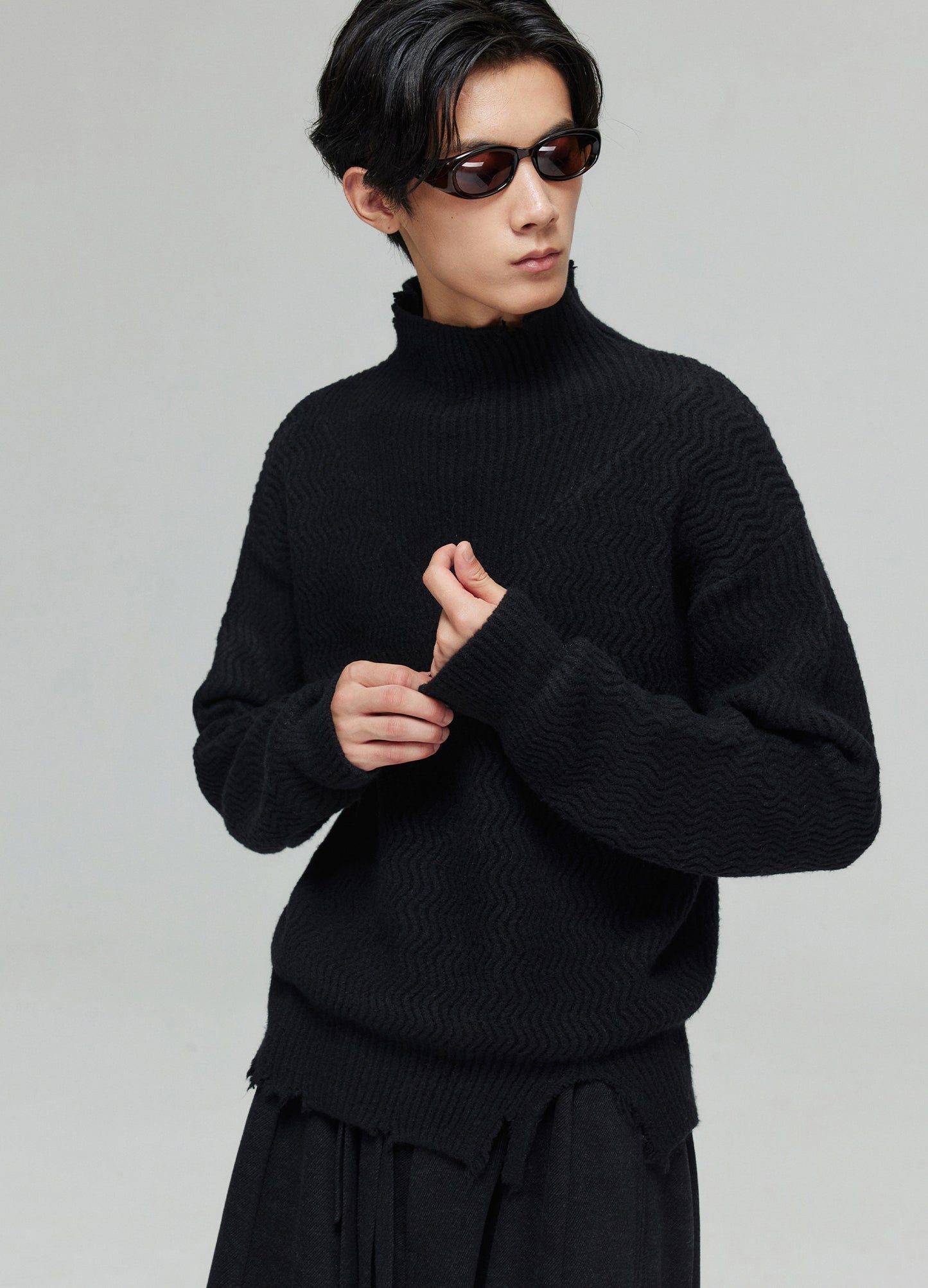 Mock Neck Distressed Wool Sweater