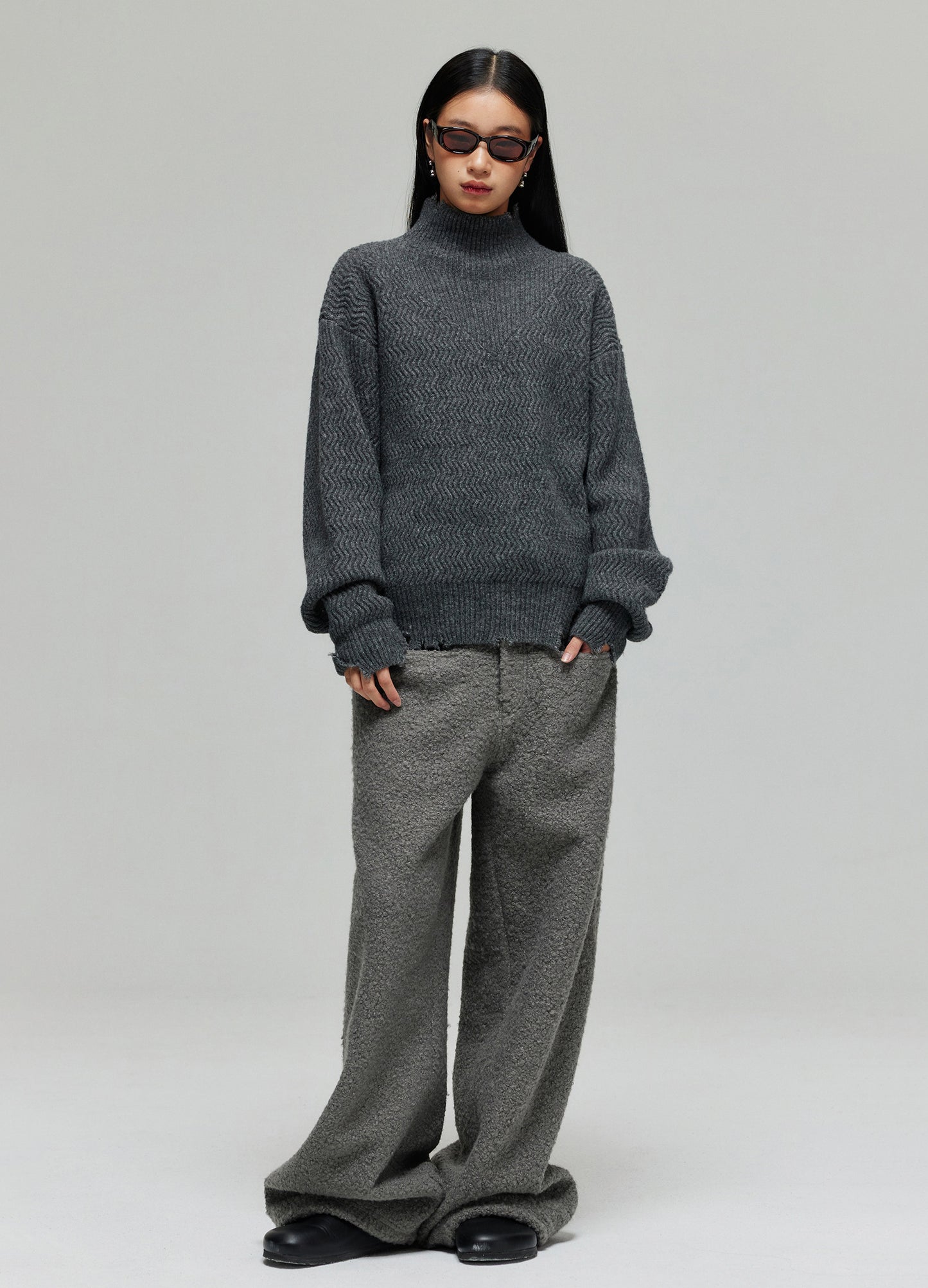 Mock Neck Distressed Wool Sweater