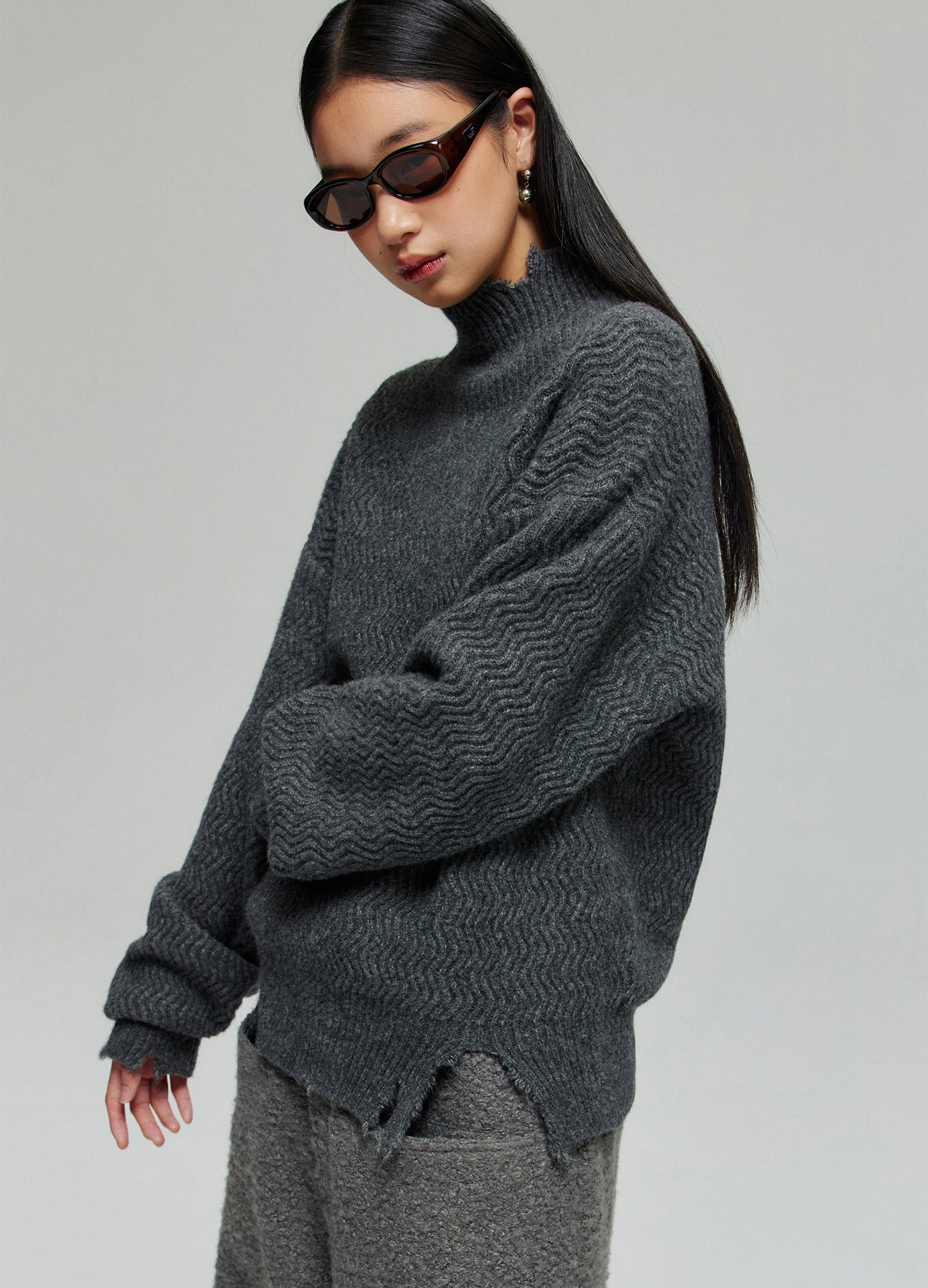 Mock Neck Distressed Wool Sweater