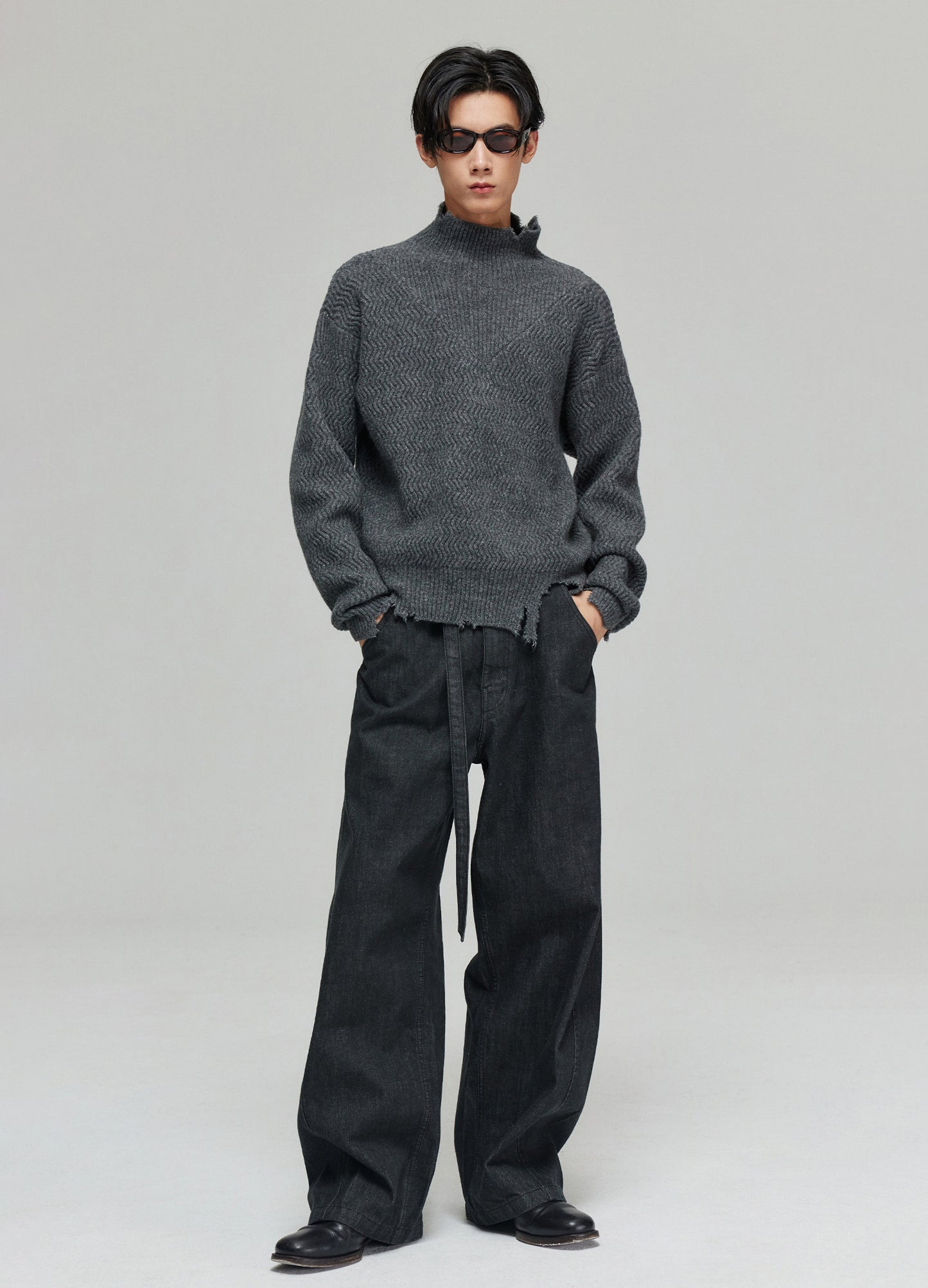 Mock Neck Distressed Wool Sweater