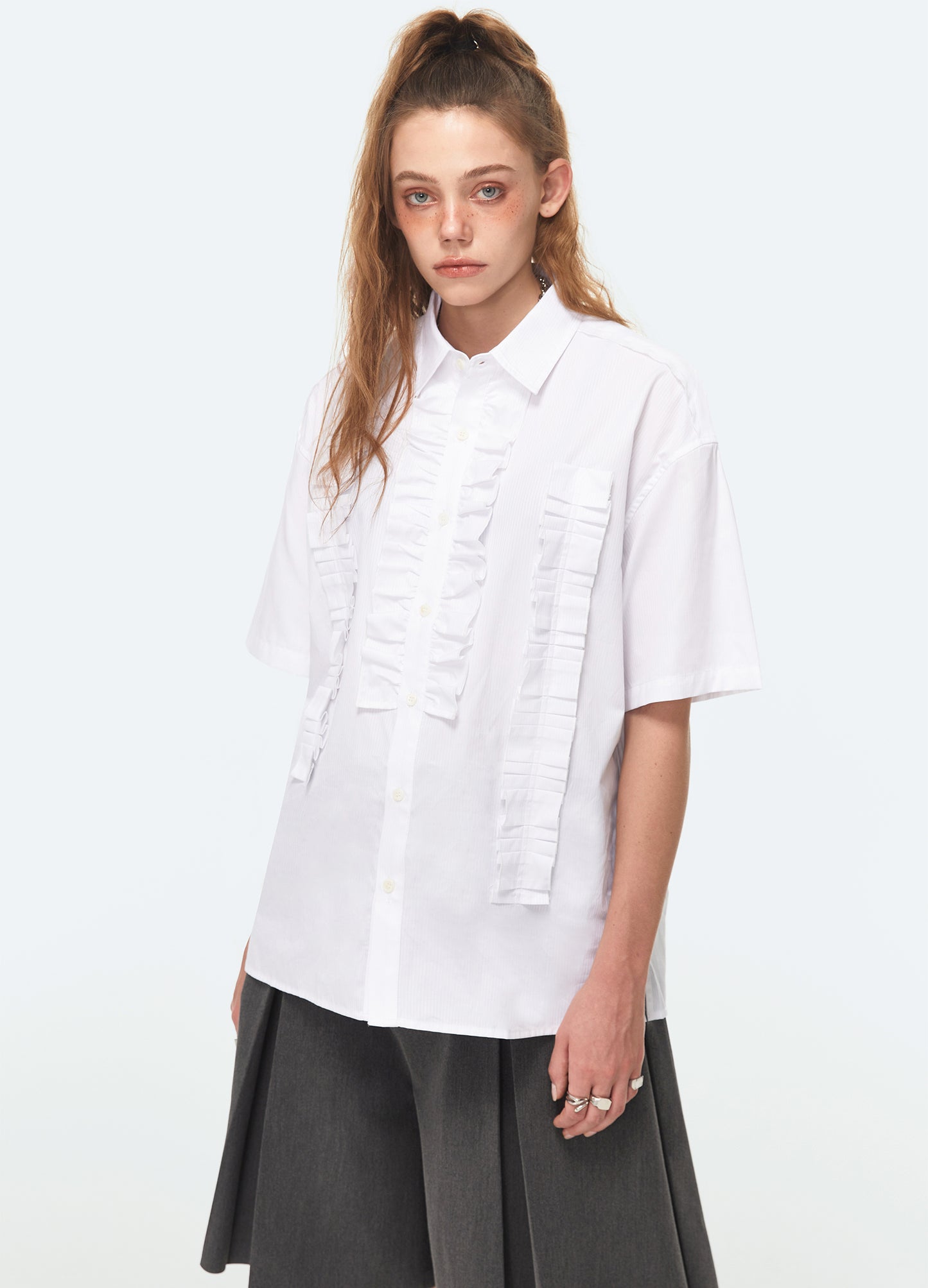 Ruffle Stripe Short Sleeve Shirt