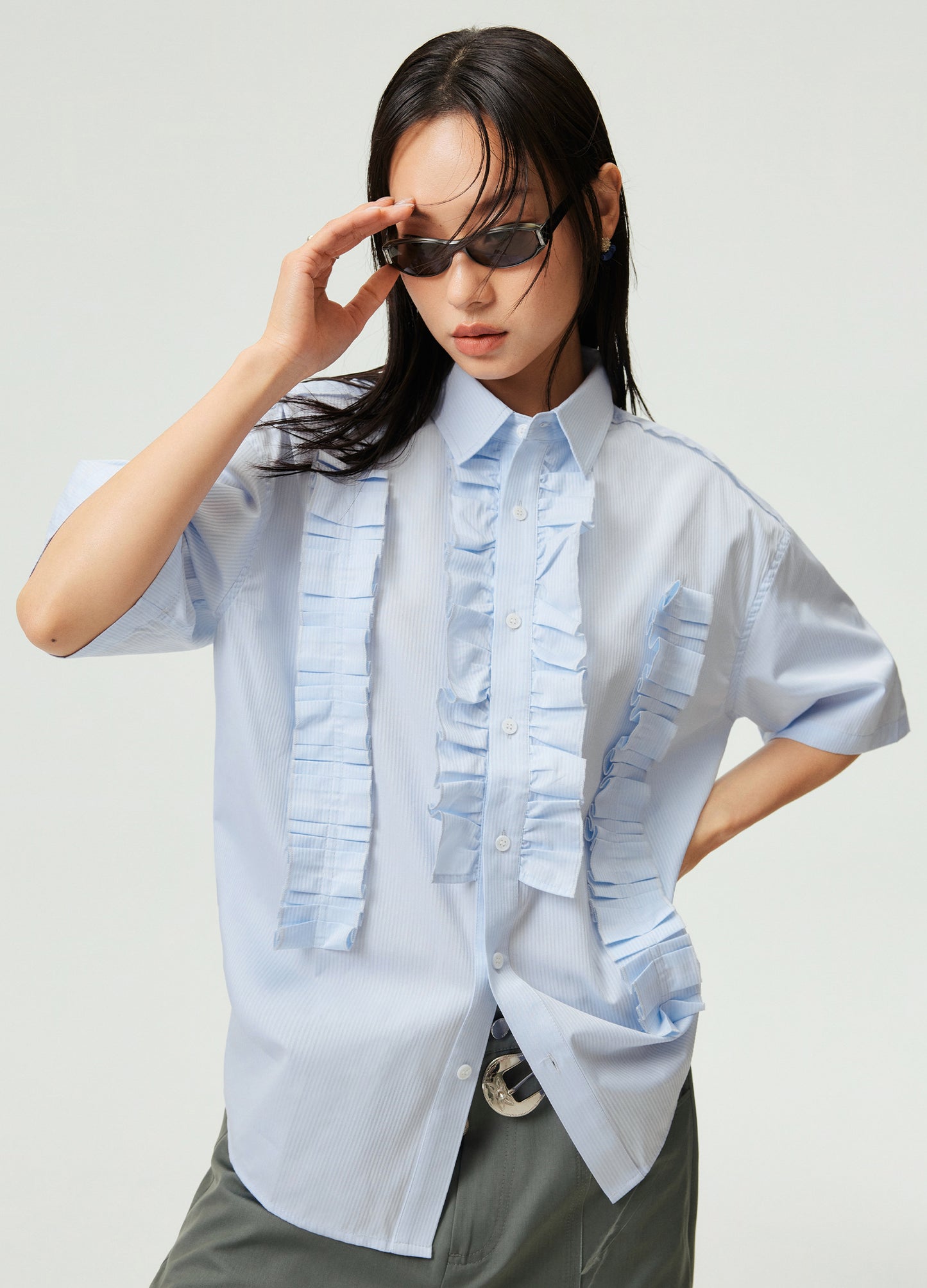 Ruffle Stripe Short Sleeve Shirt