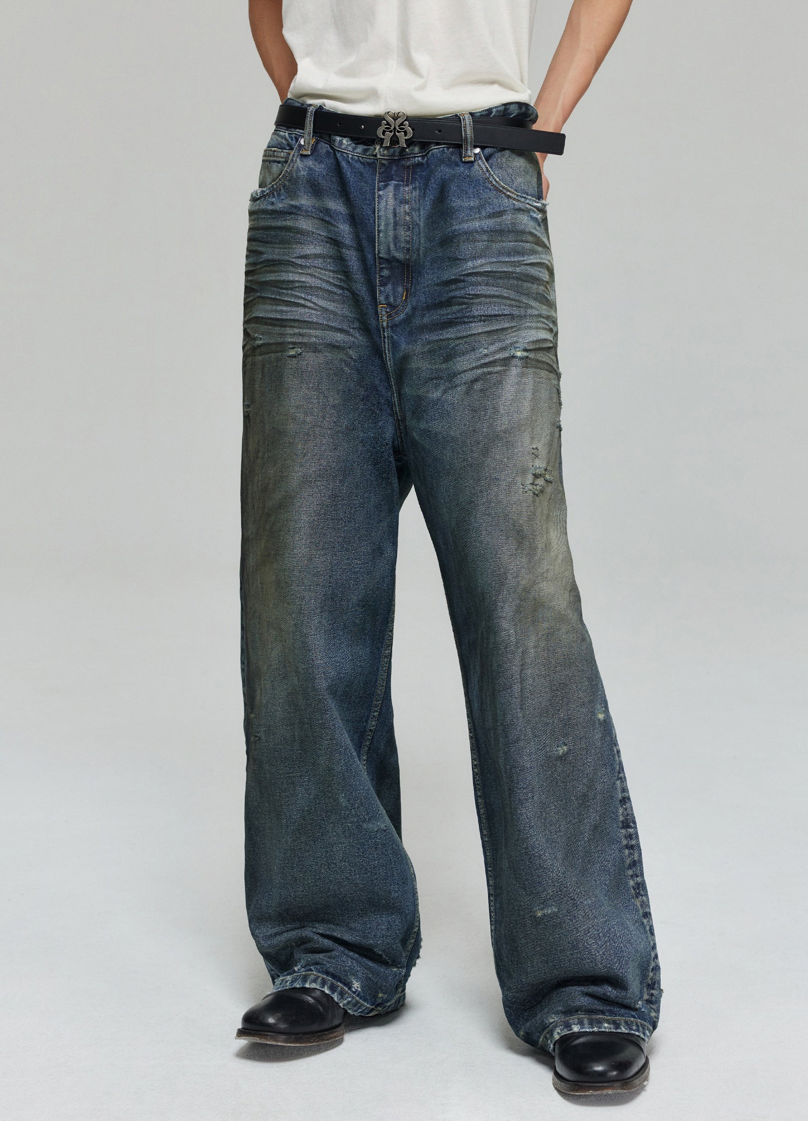 Vintage Wash Split Hem Jeans, Denim