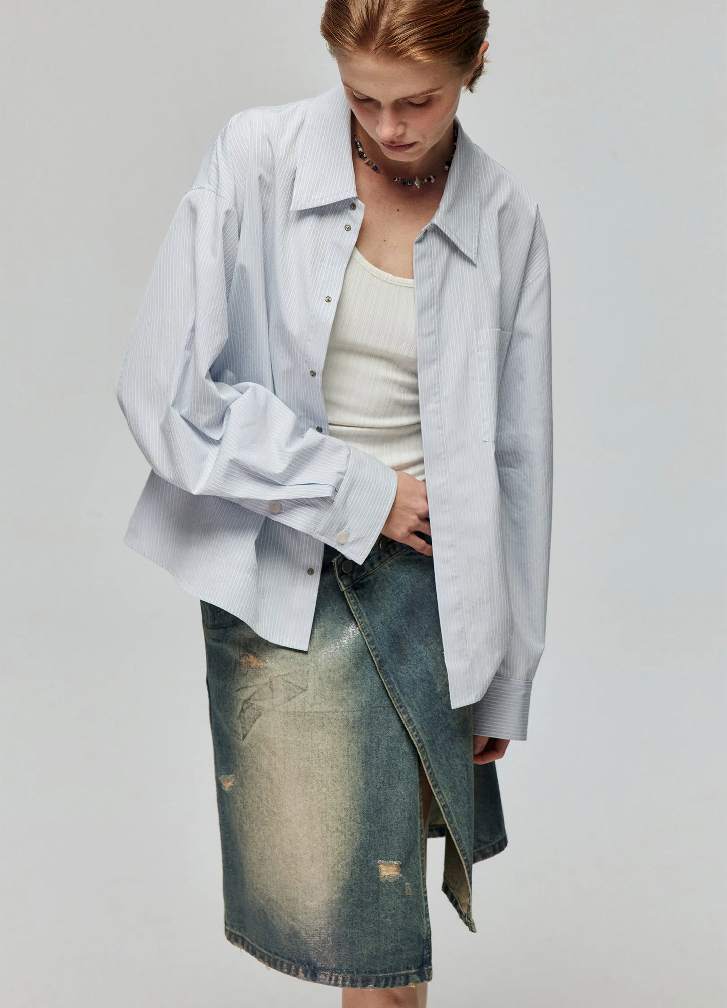 Waxed Distressed Denim Skirt