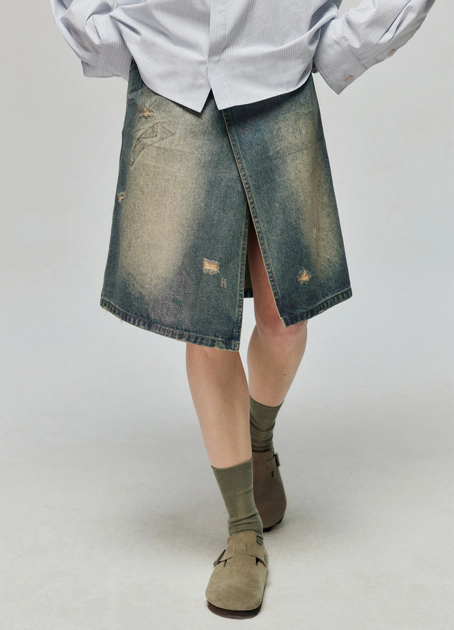 Waxed Distressed Denim Skirt