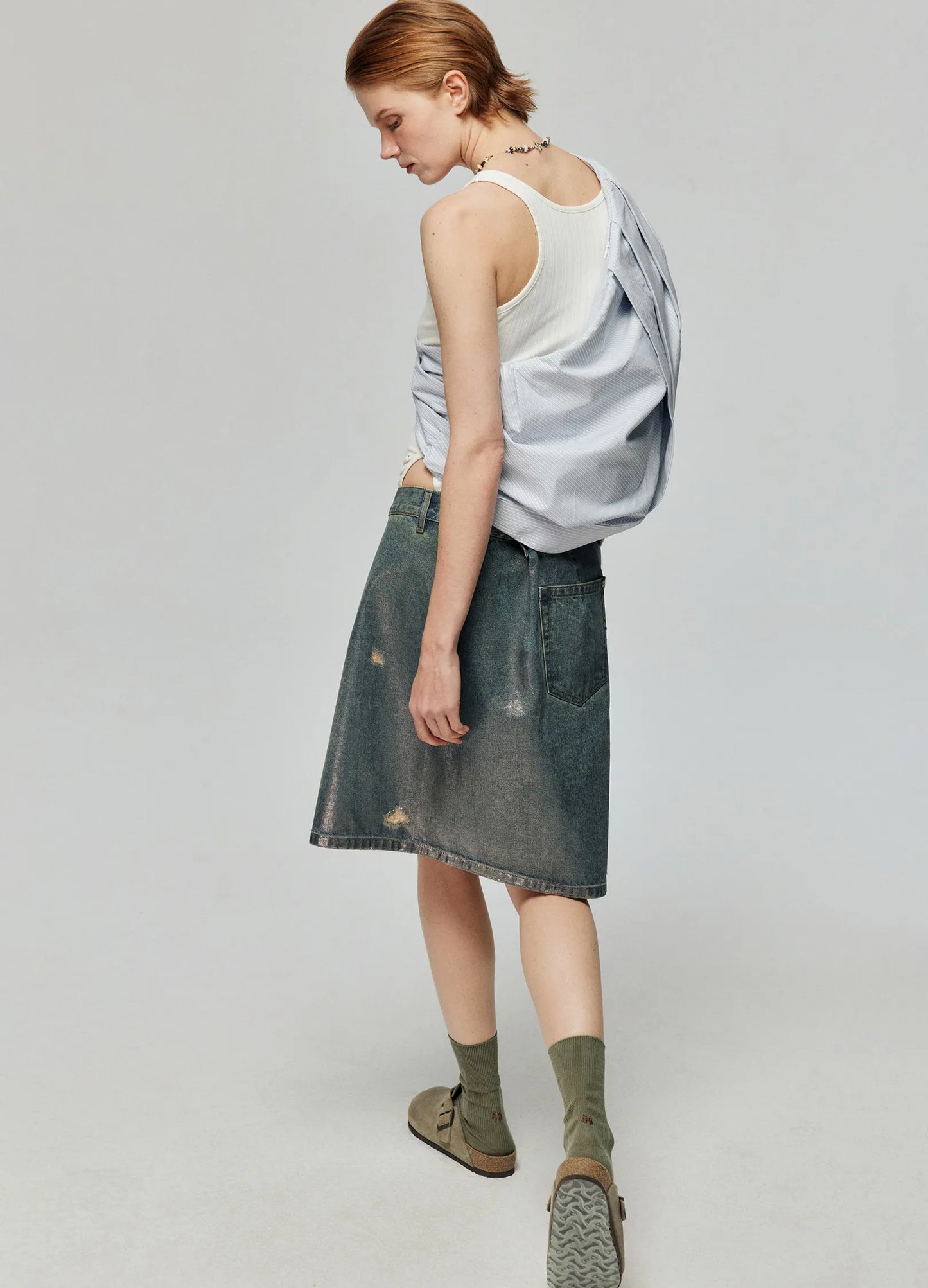 Waxed Distressed Denim Skirt