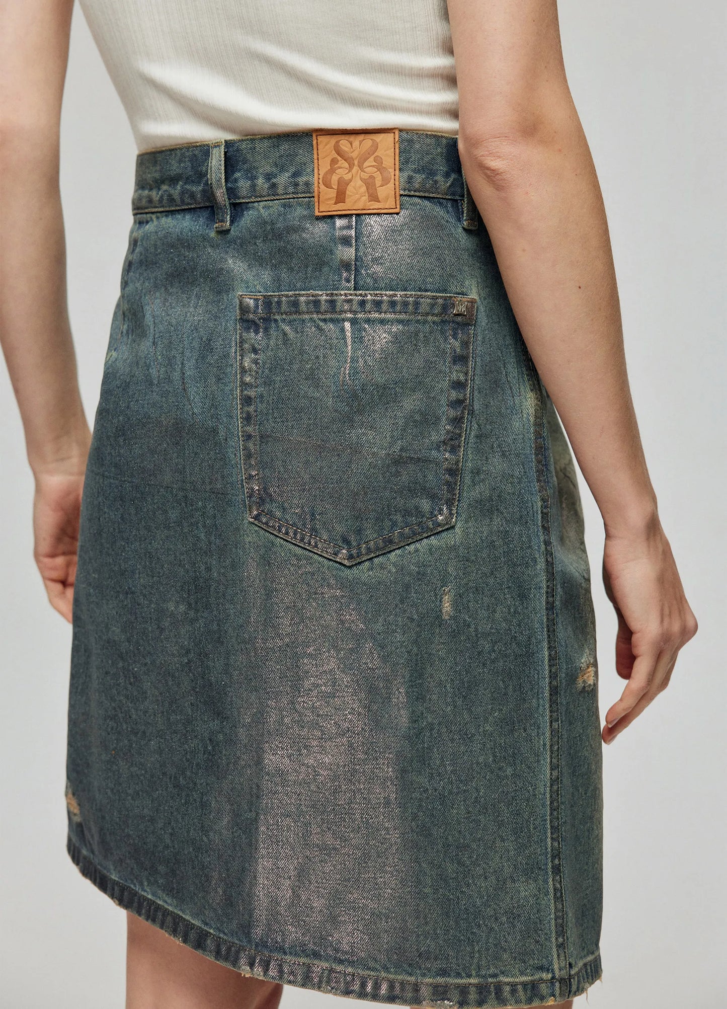 Waxed Distressed Denim Skirt