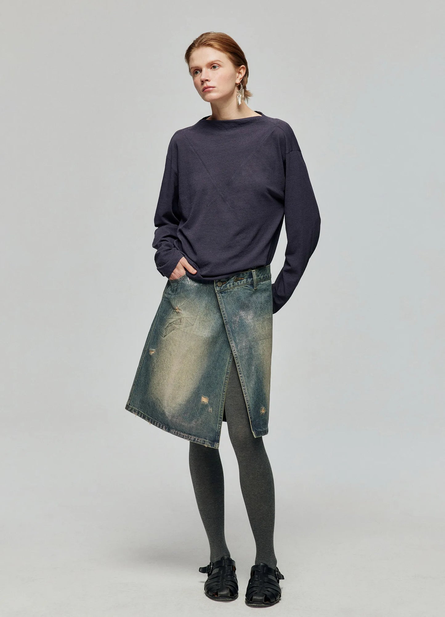 Waxed Distressed Denim Skirt