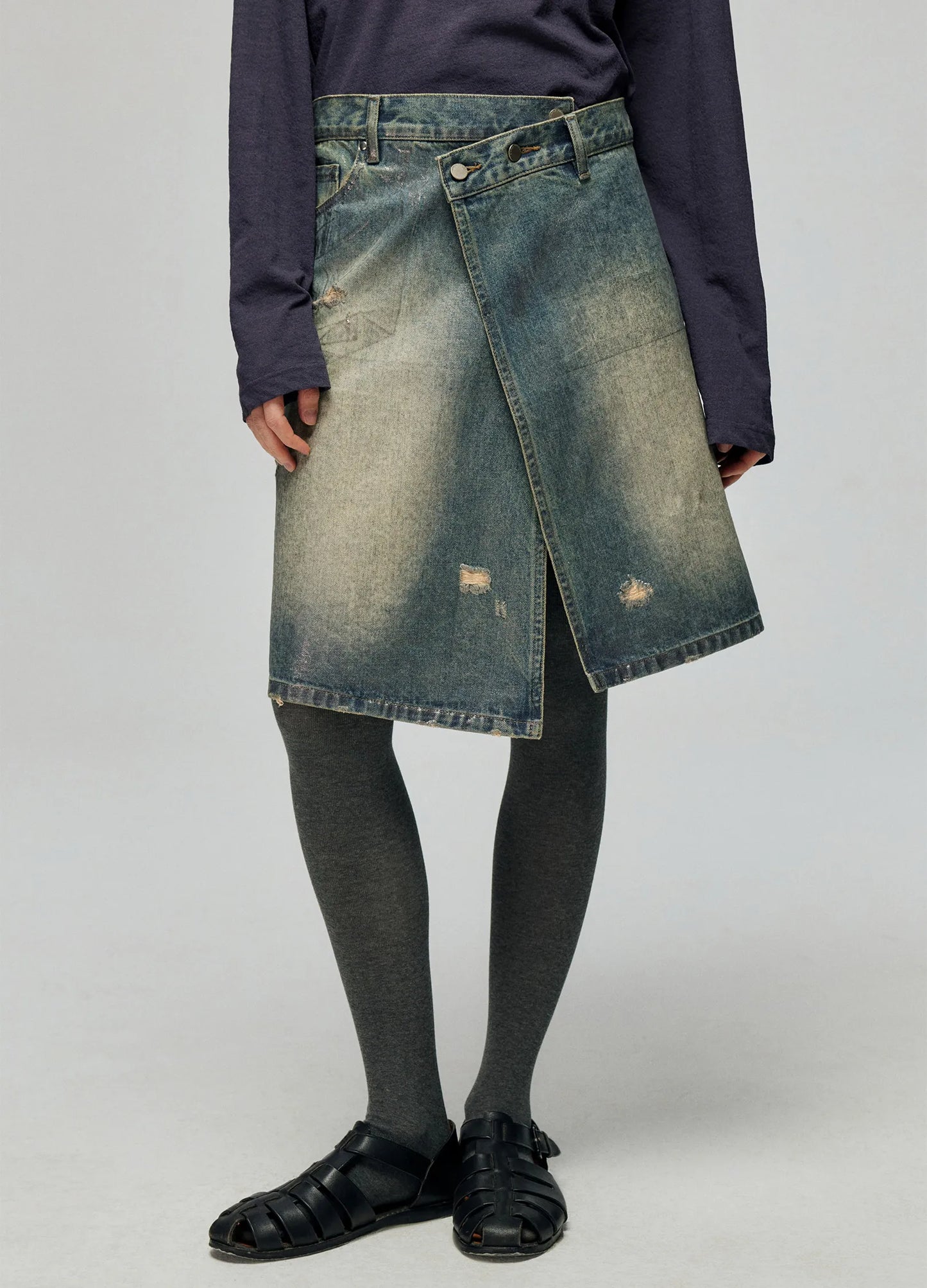 Waxed Distressed Denim Skirt