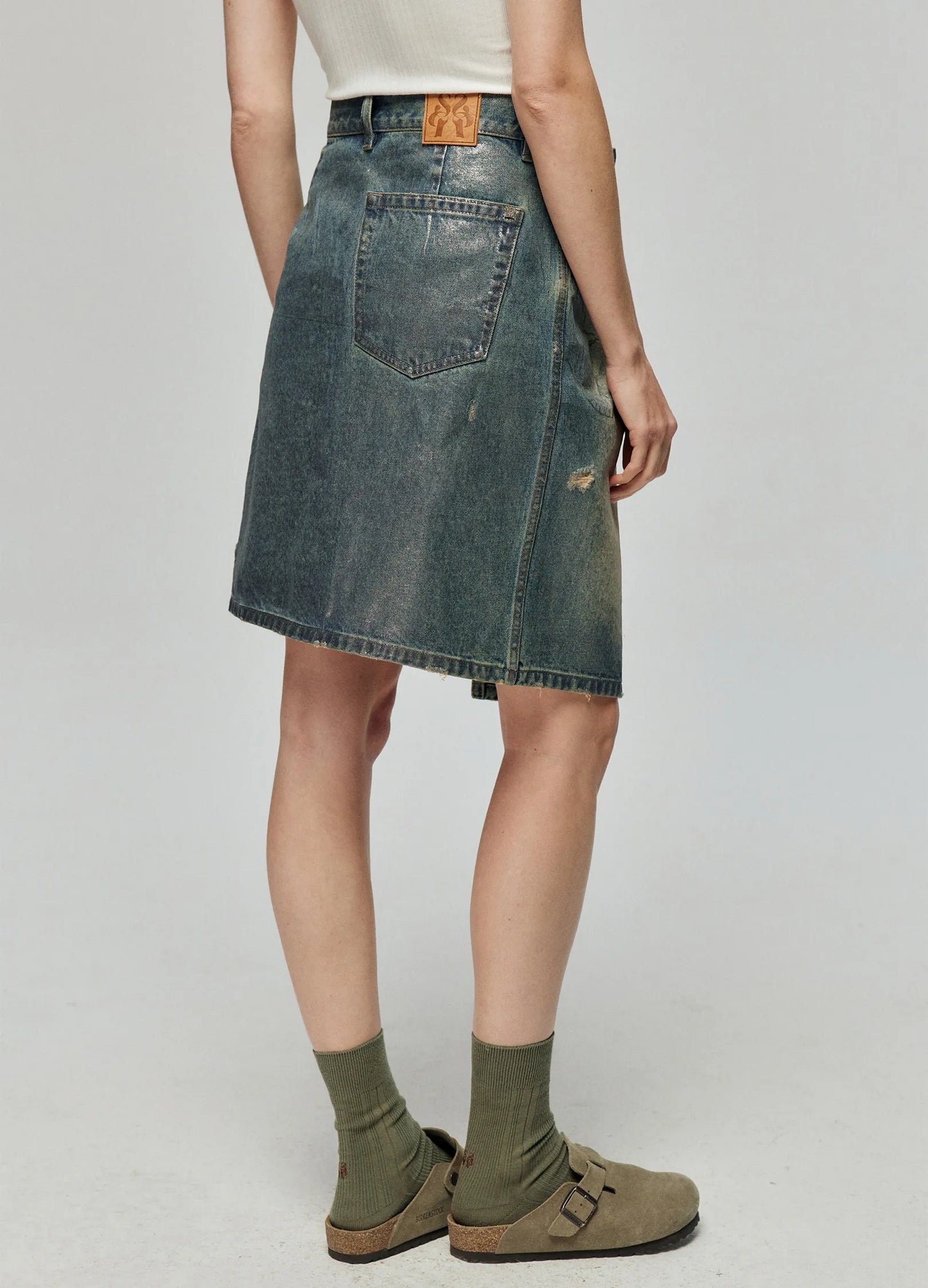 Waxed Distressed Denim Skirt