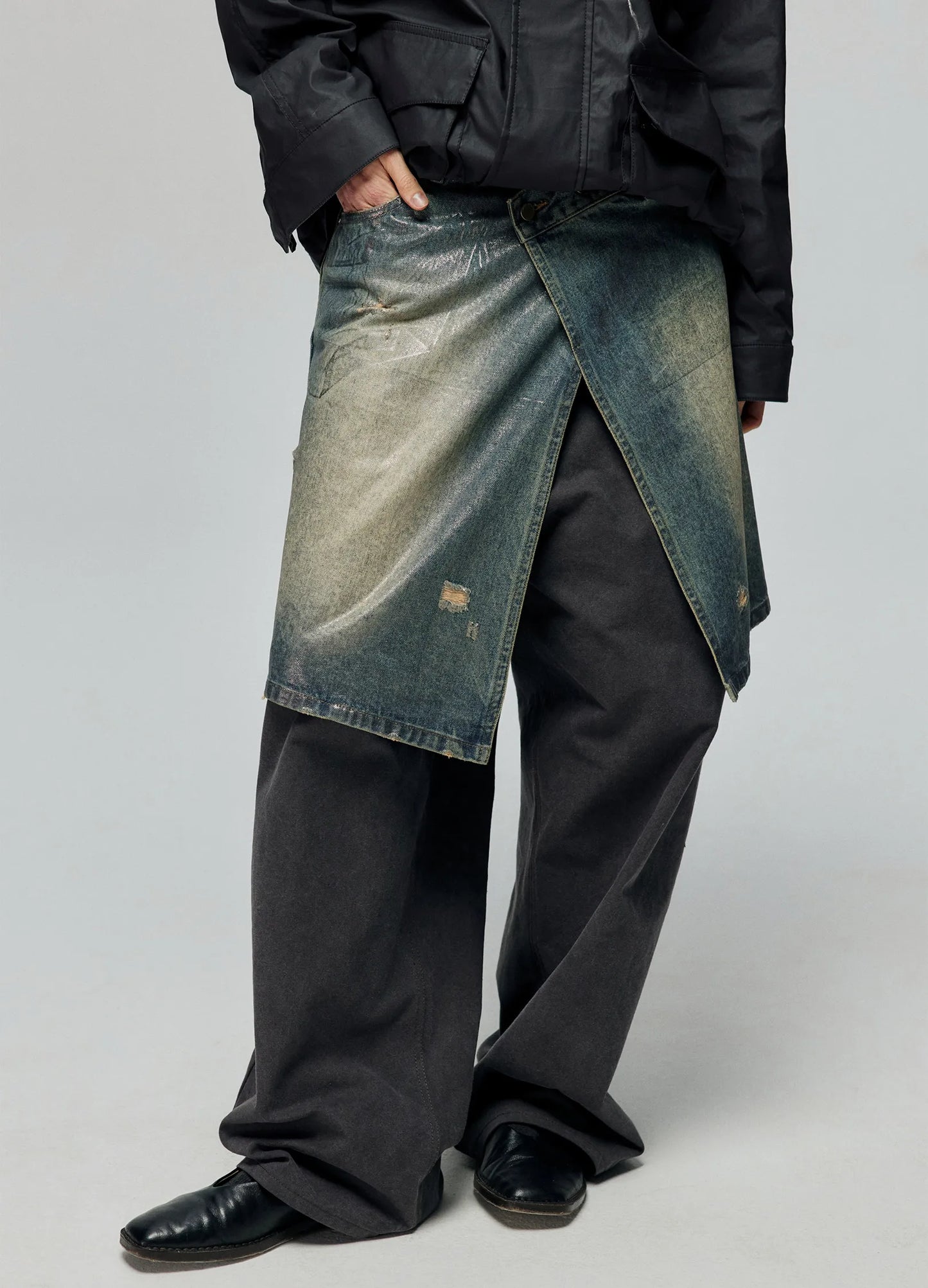 Waxed Distressed Denim Skirt