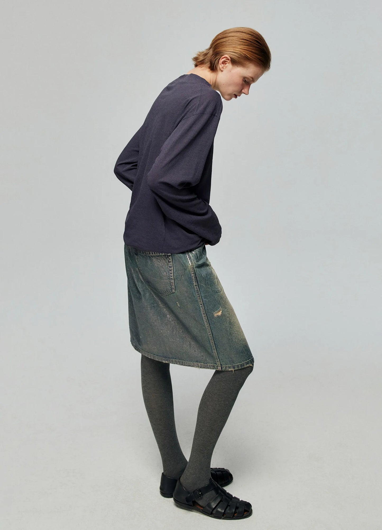 Waxed Distressed Denim Skirt
