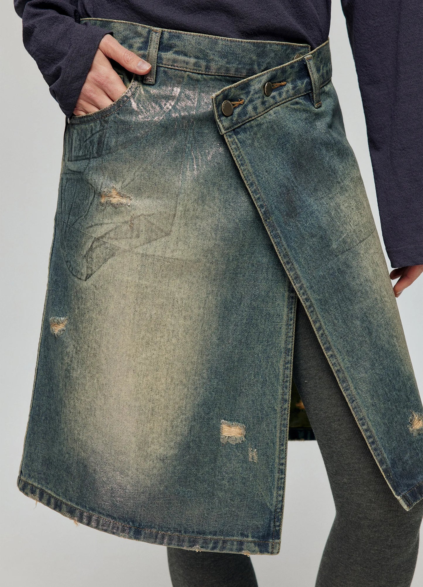 Waxed Distressed Denim Skirt