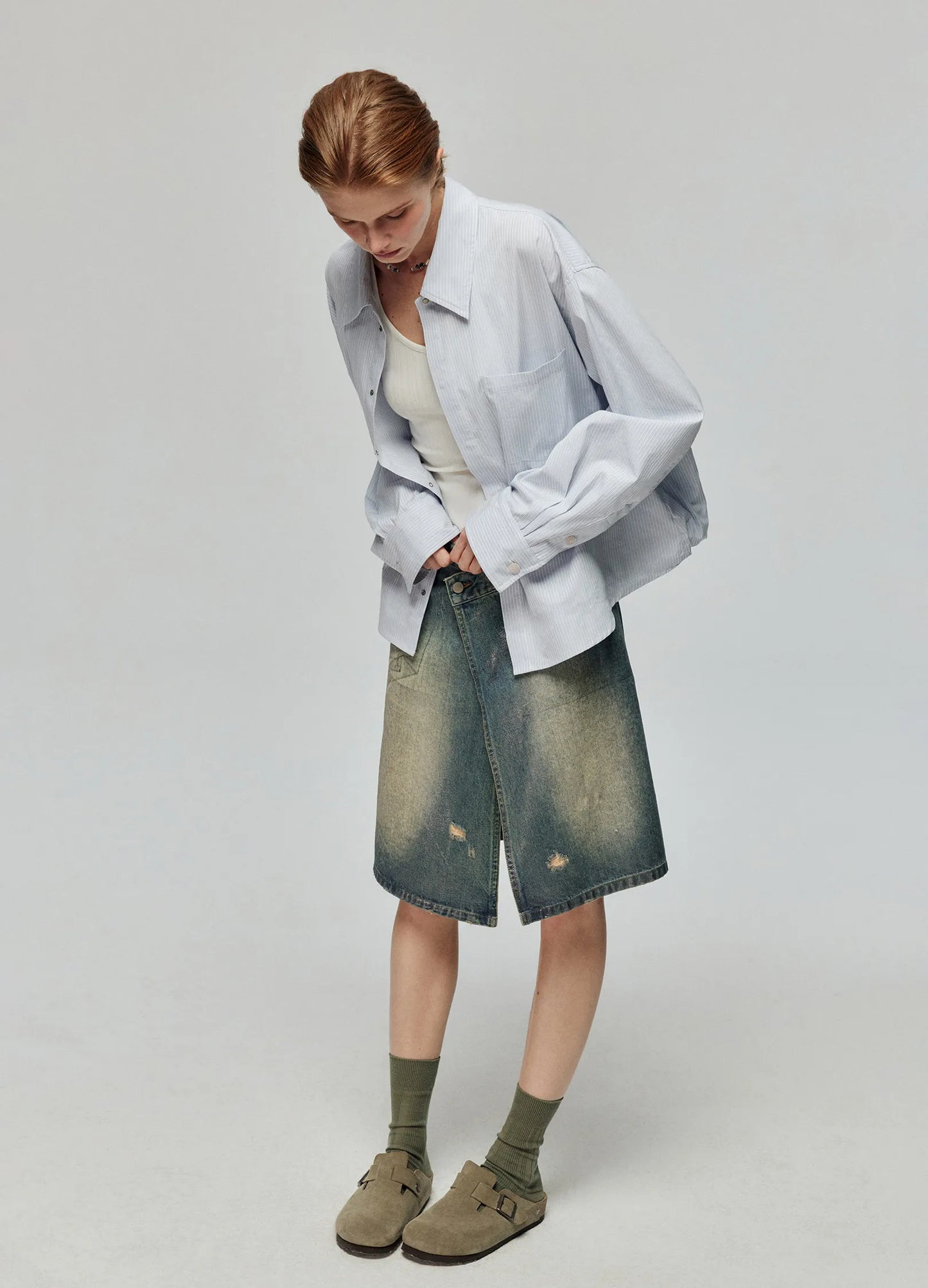 Waxed Distressed Denim Skirt