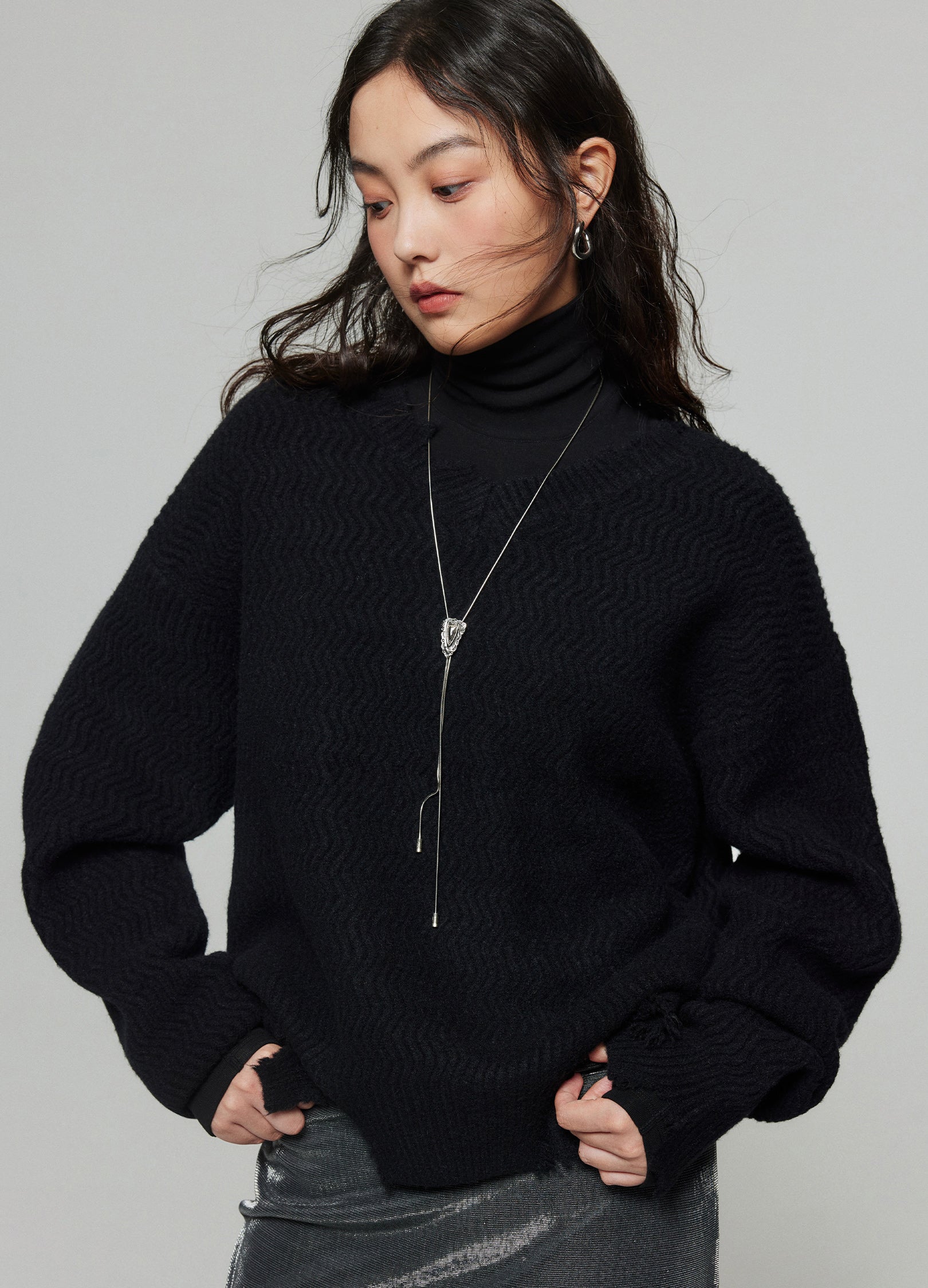 Distressed top wool sweater