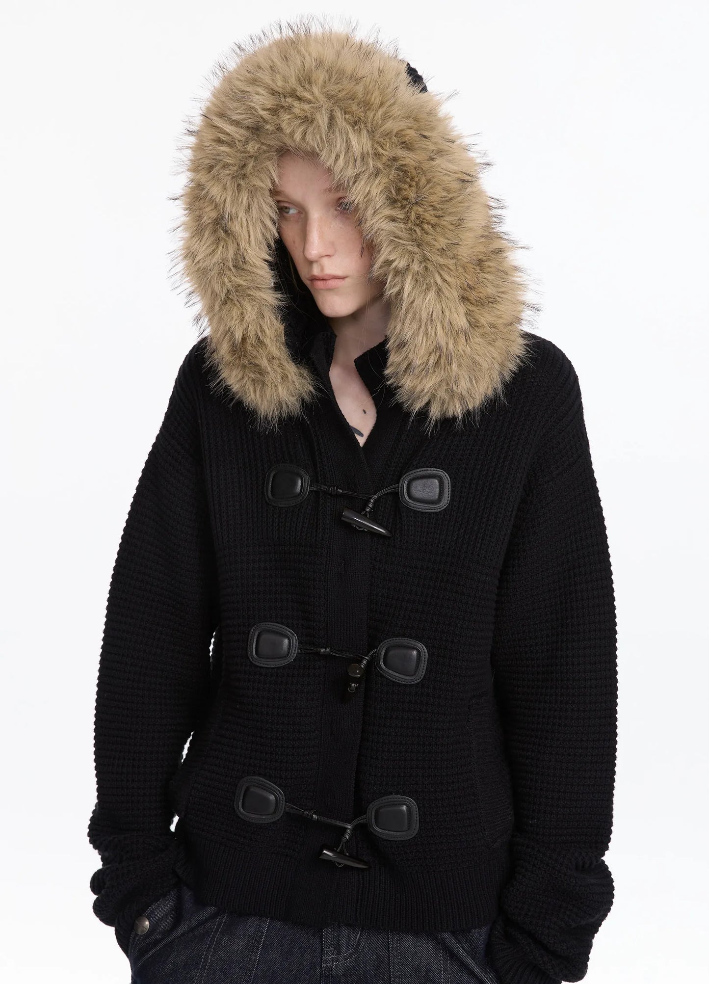 Hooded Fur Knit Coat