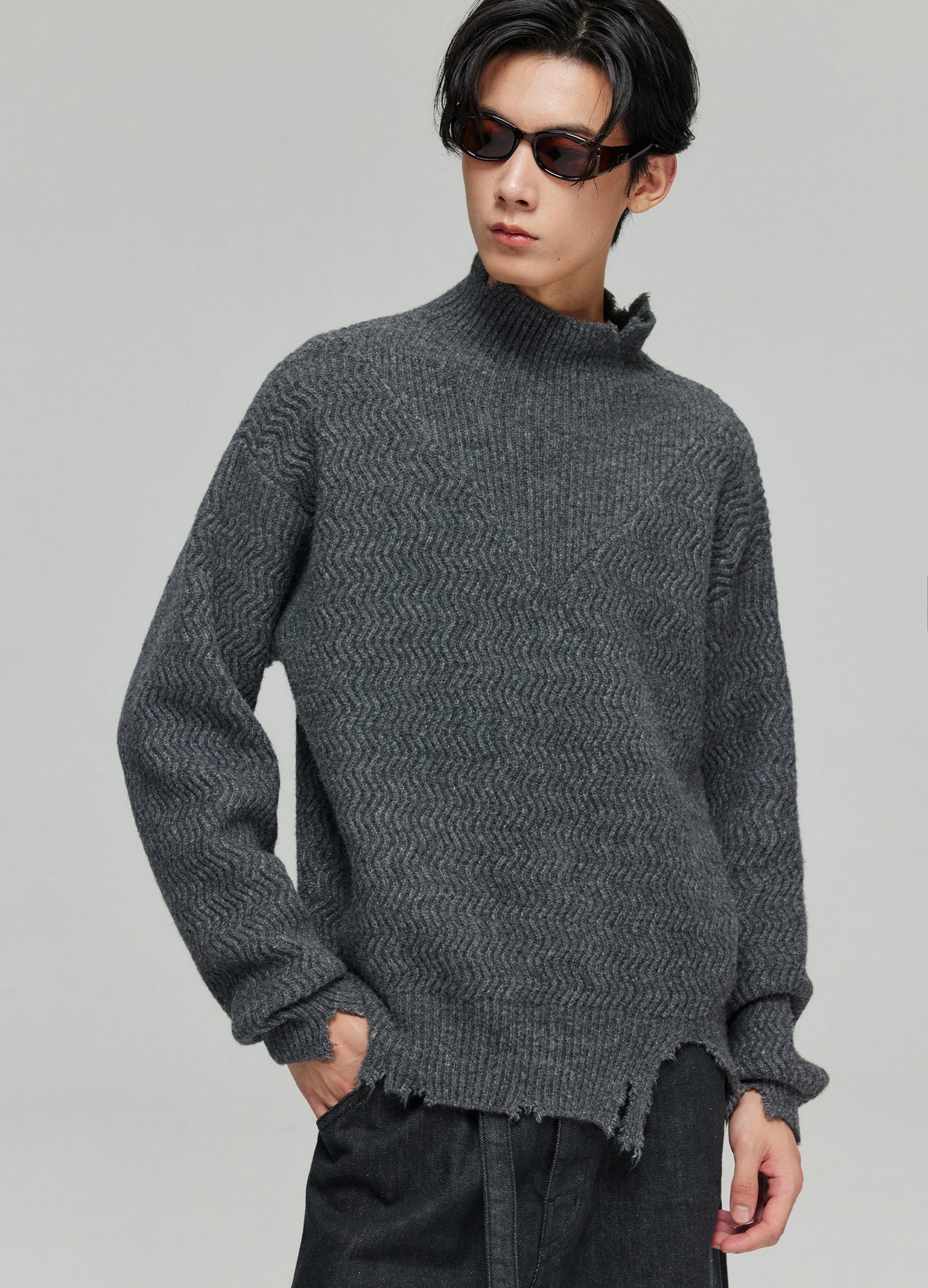 Mock Neck Distressed Wool Sweater