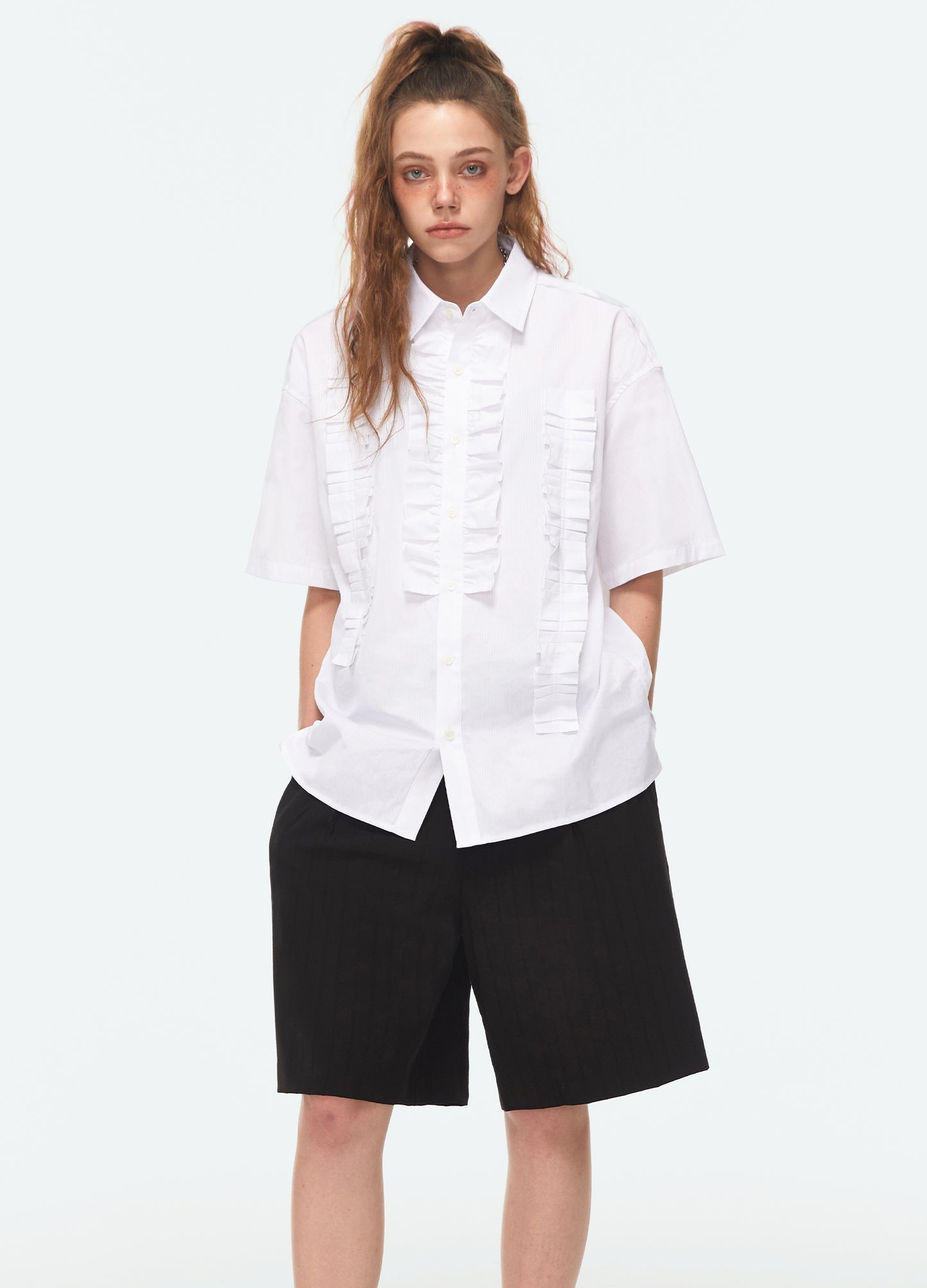Ruffle Stripe Short Sleeve Shirt