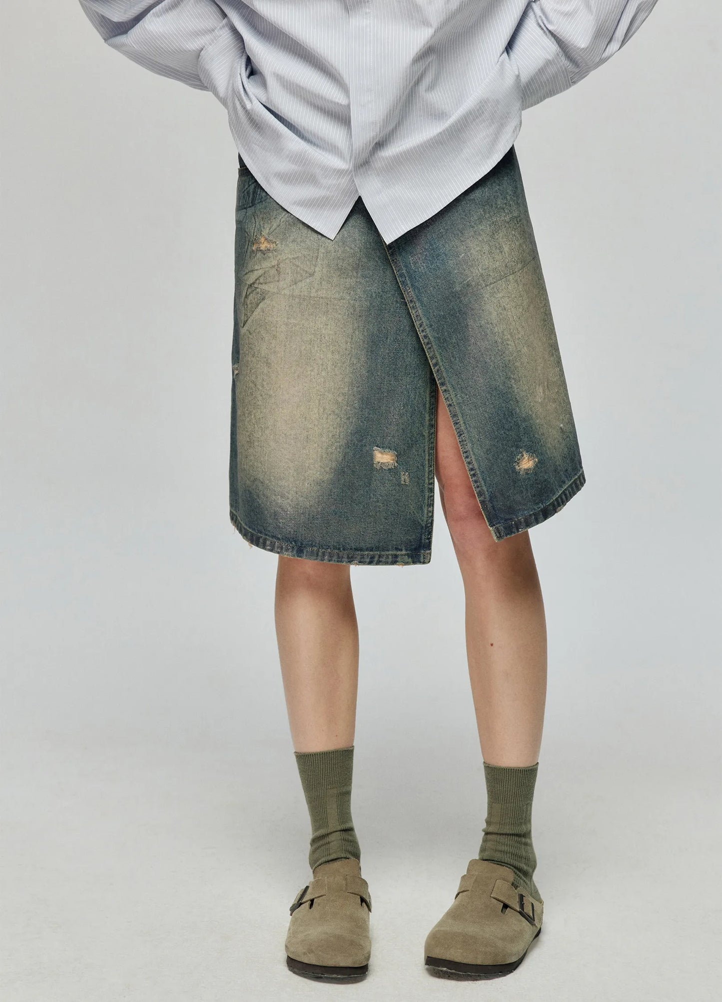 Waxed Distressed Denim Skirt