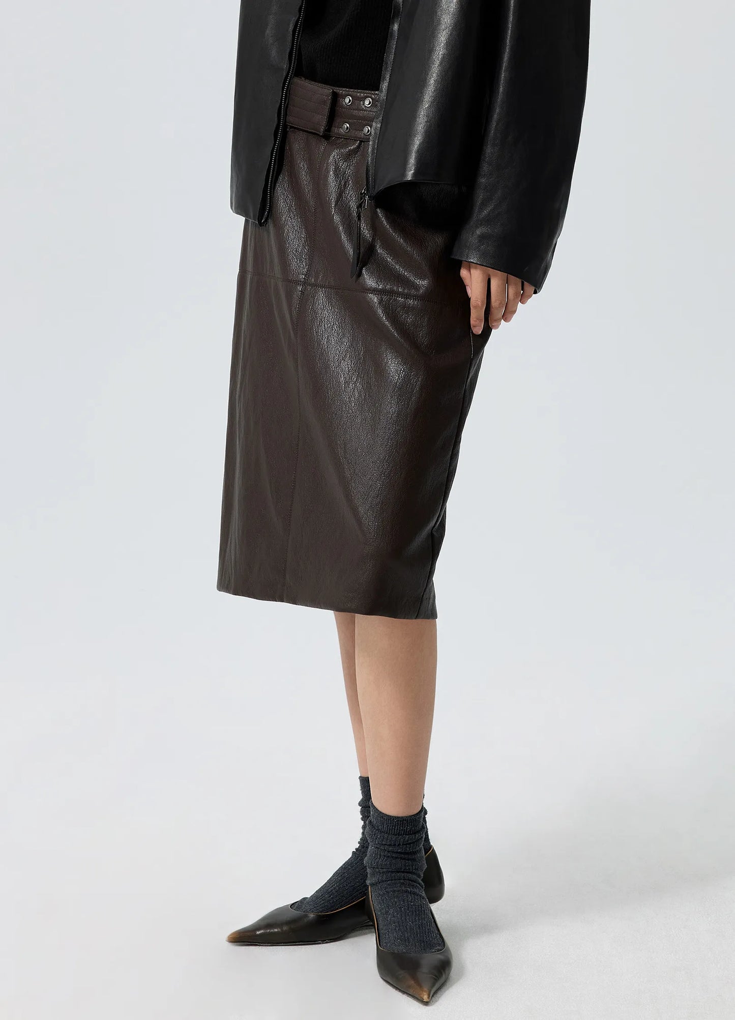 Wide-Belt Leather Skirt
